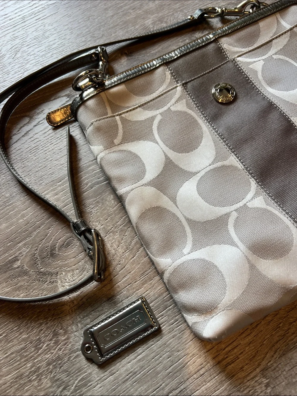 Vintage COACH Crossbody Bag in Light Silver and Chalk Signature Canvas Y2K